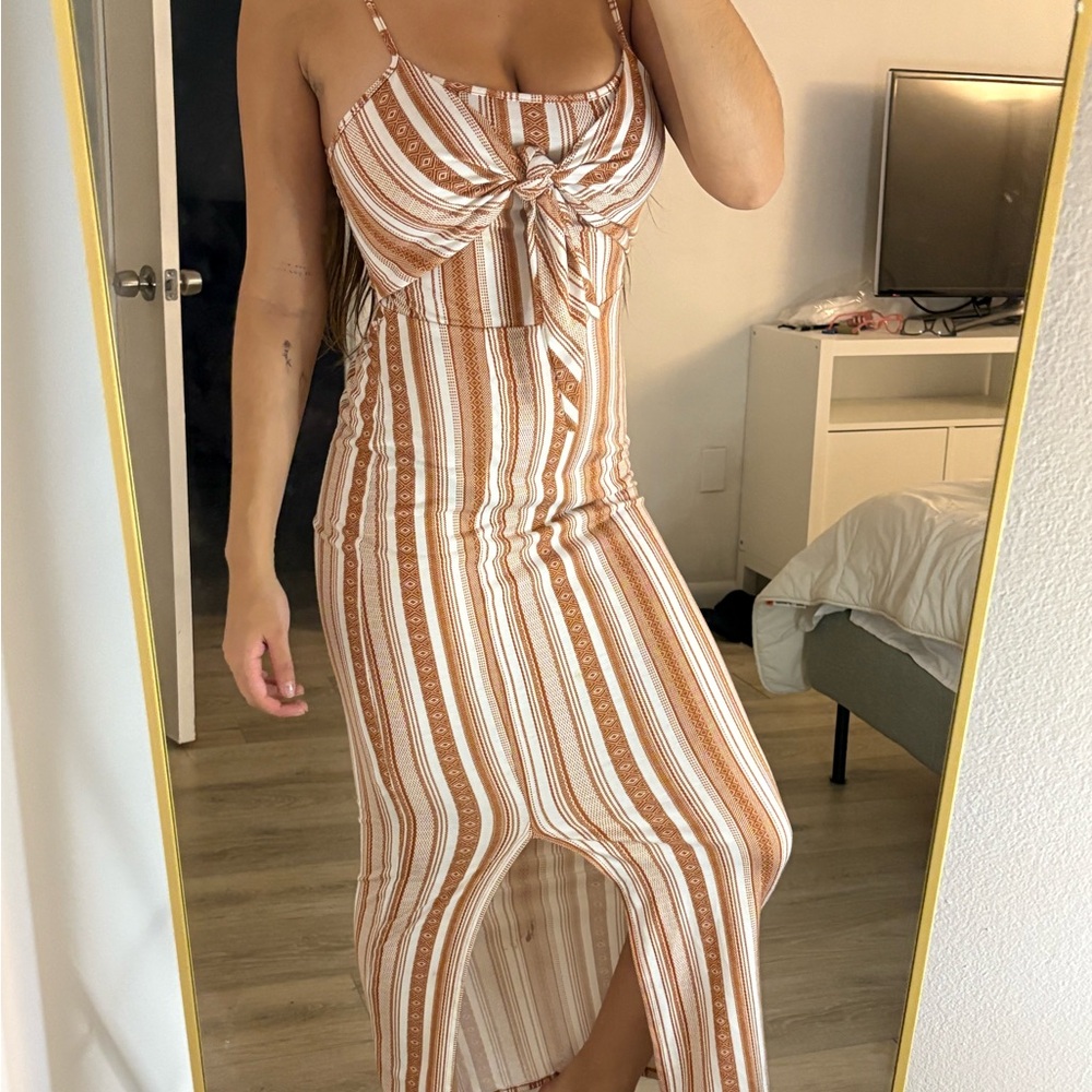 Derek Heart Brown and White Striped Midi Dress